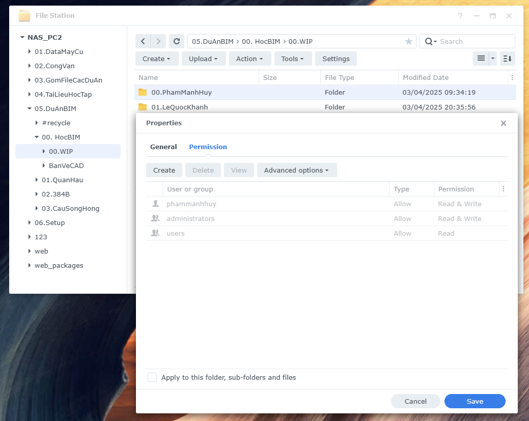 Phân quyền đọc ghi thư mục trên NAS Synology