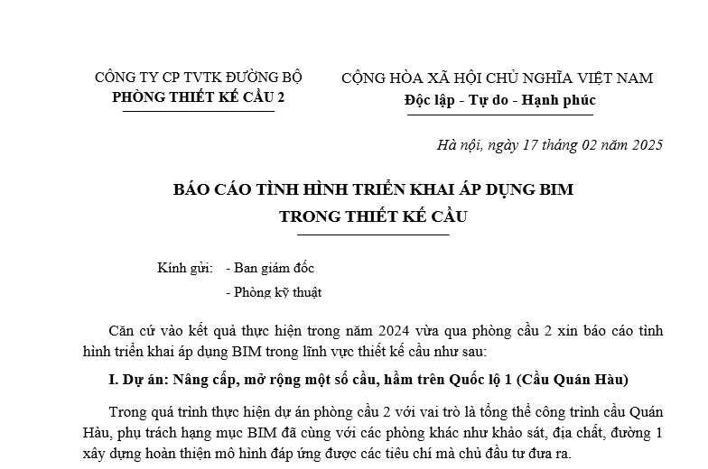 Báo cáo tình hình triển khai áp dụng BIM trong thiết kế cầu